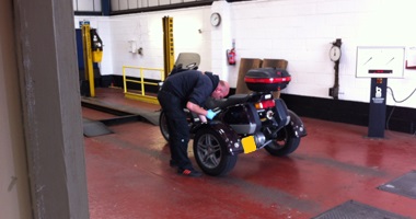 Trike under MOT testing in Burton